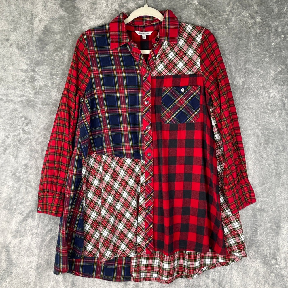John Mark Patchwork Plaid Tunic Womens Small Red Mixed Pattern Very Good Flannel